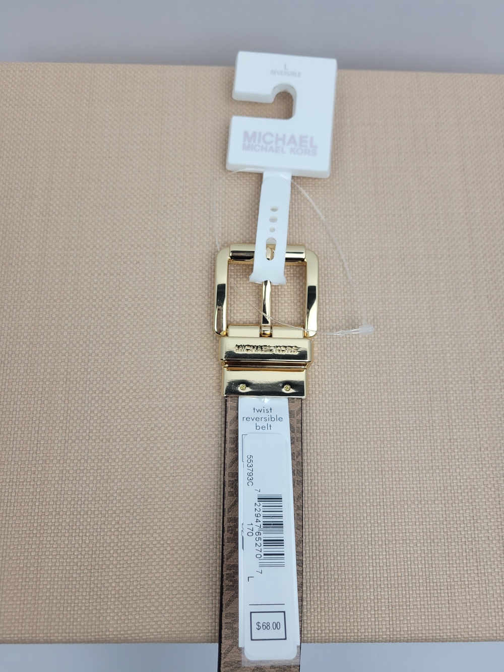 Michael Kors Reversible Twist Belt in Brown and Off-White with Gold Buckle